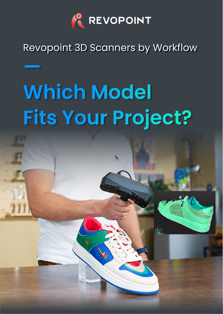 REVOPOINT workflow guide showing a handheld 3D scanner capturing a colourful shoe