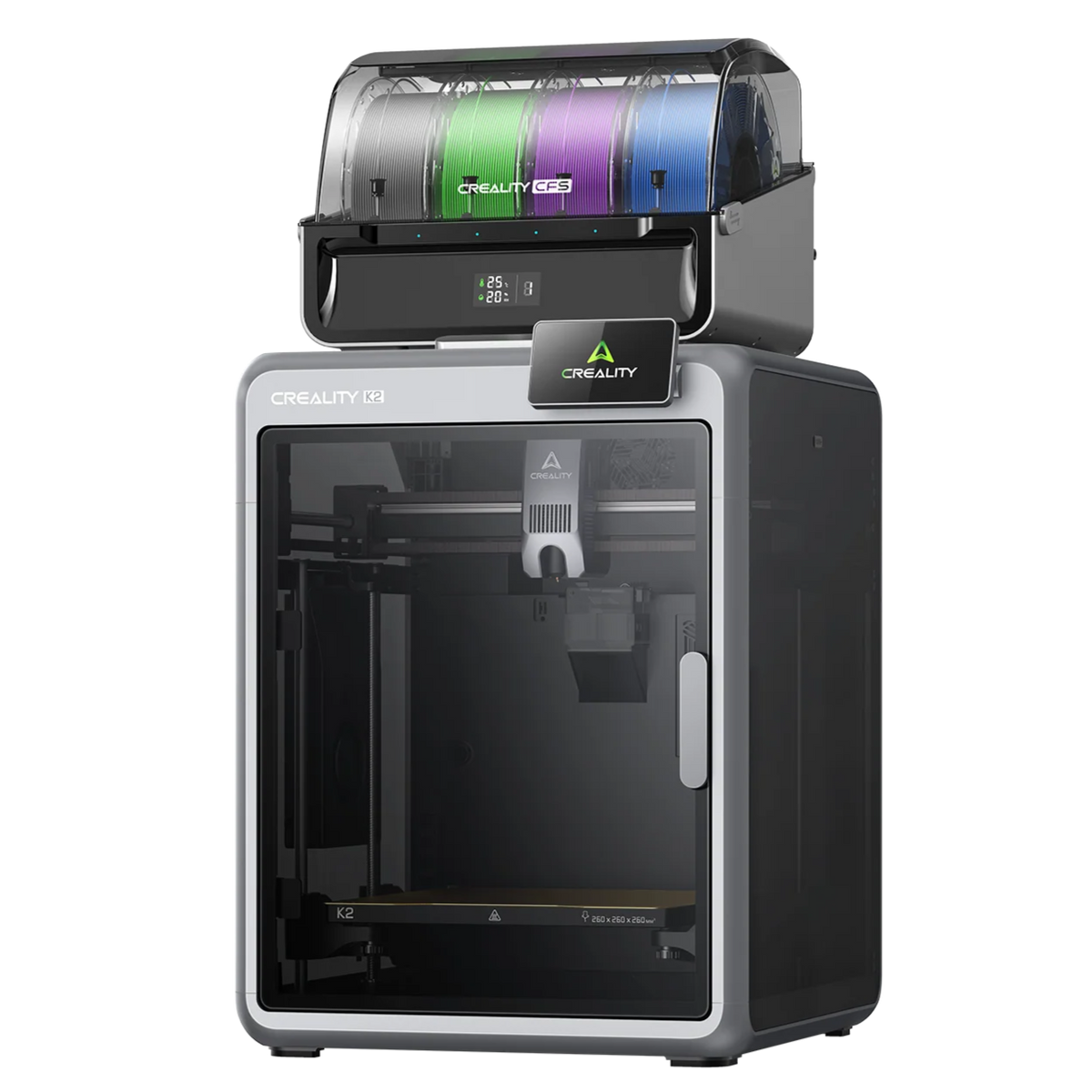 Creality K2 3D printer with an accessory unit on a white background.