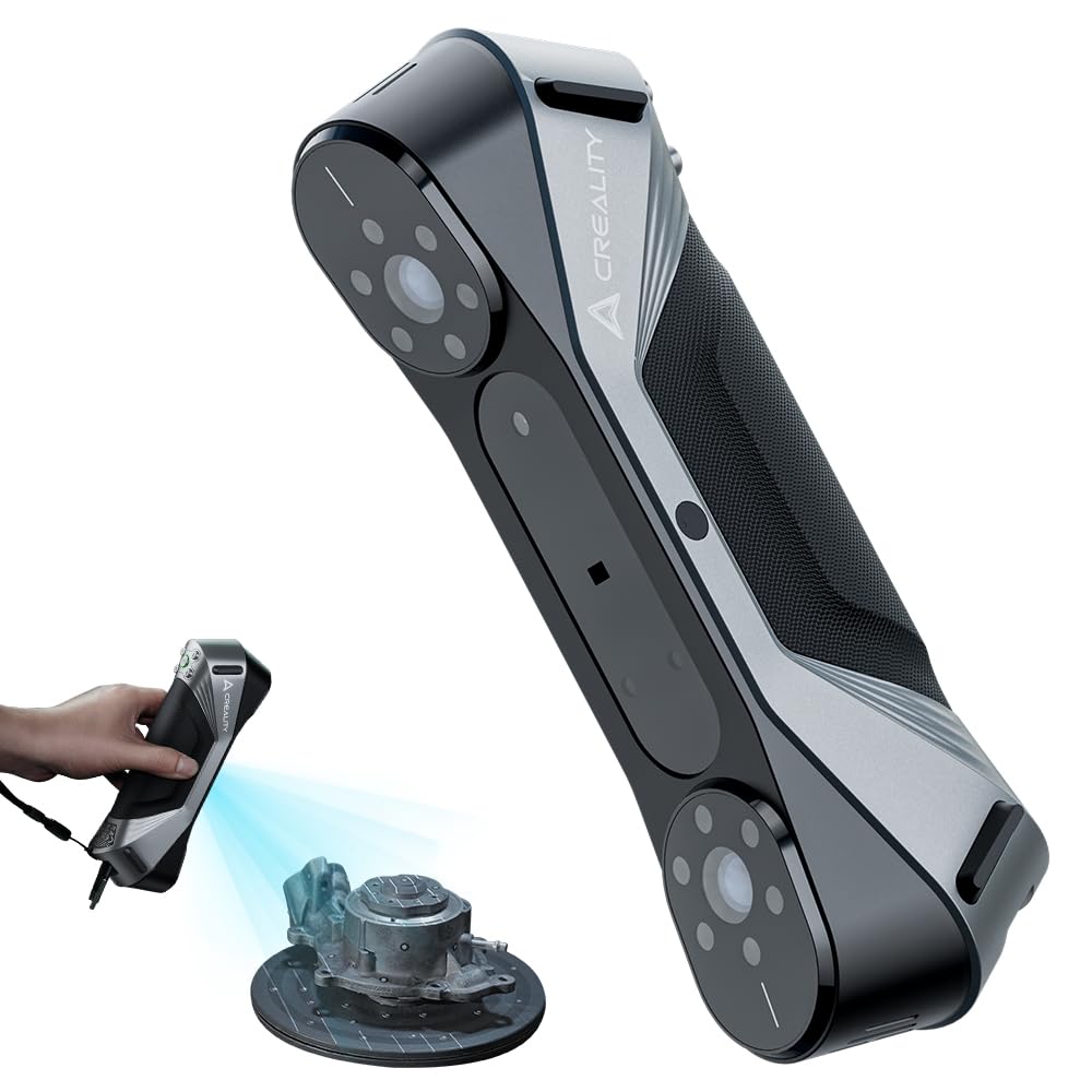 Creality CR-Scan RAPTOR scanner with a smartphone and a scanned-object example on a white background.