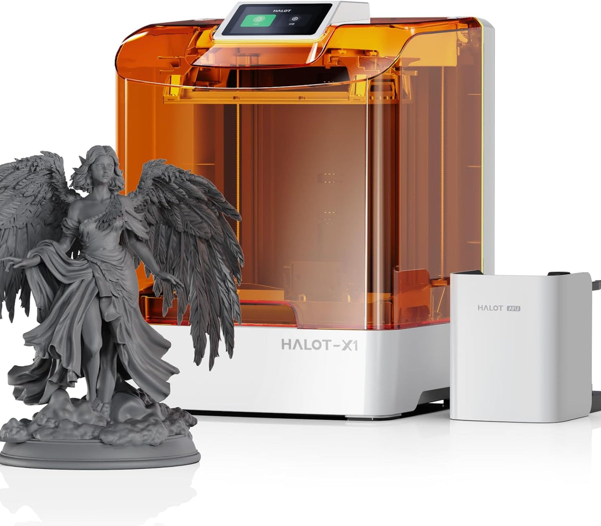 Creality HALOT-X1 resin printer with a printed angel sculpture on a white background.