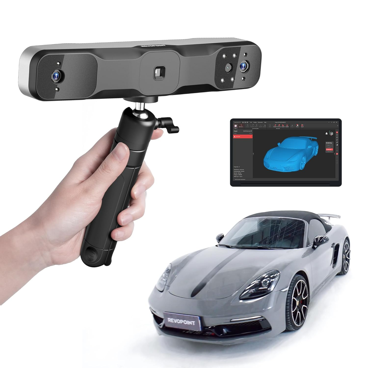 Creality Lizard Premium 3D scanner with an object-holder platform and six feature highlights