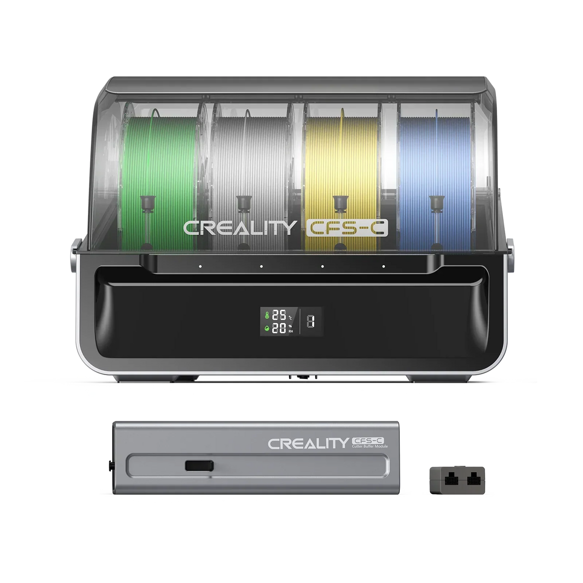 Creality filament storage box with spools of filament on a white background