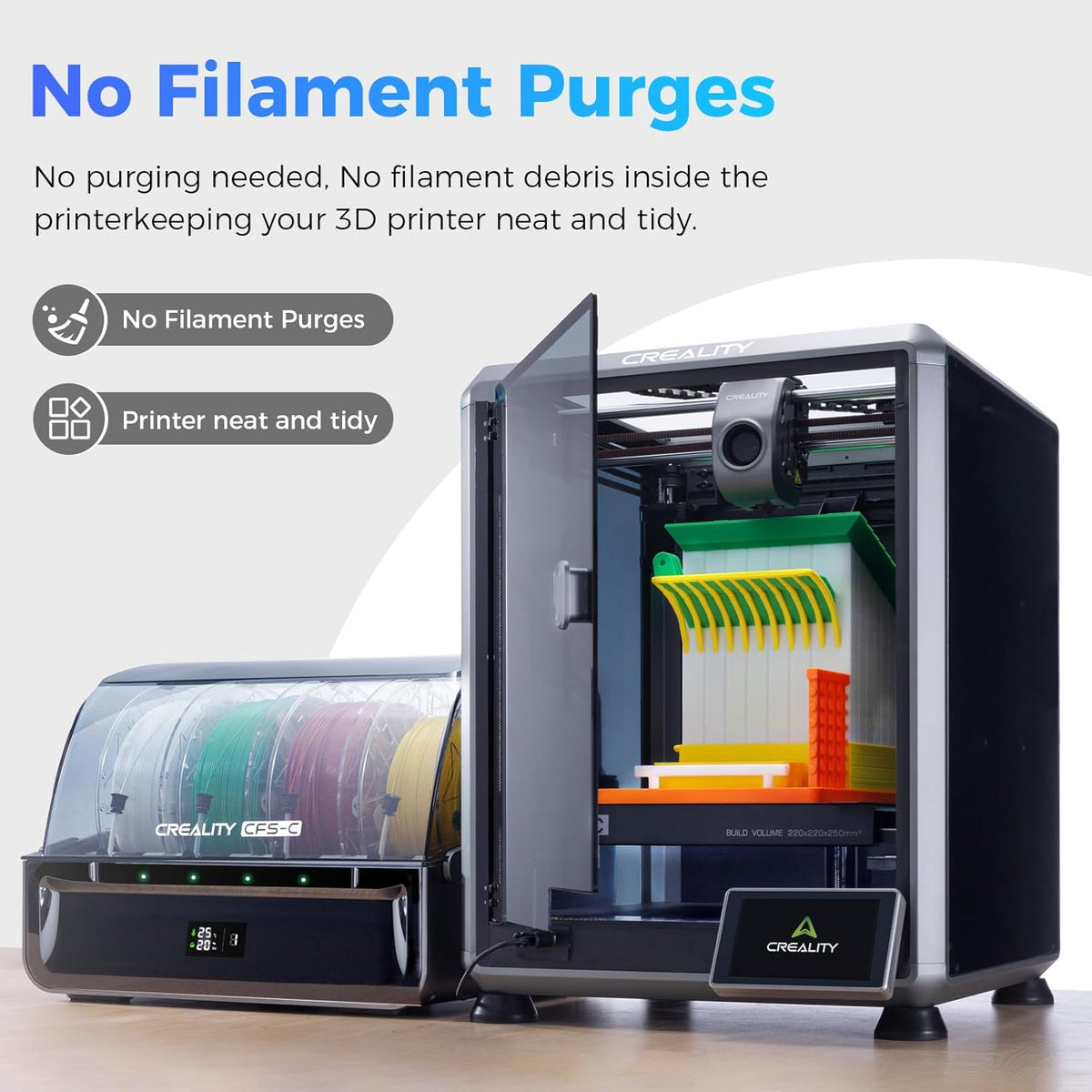 3D printer with open door showing filament and text about no filament purges.