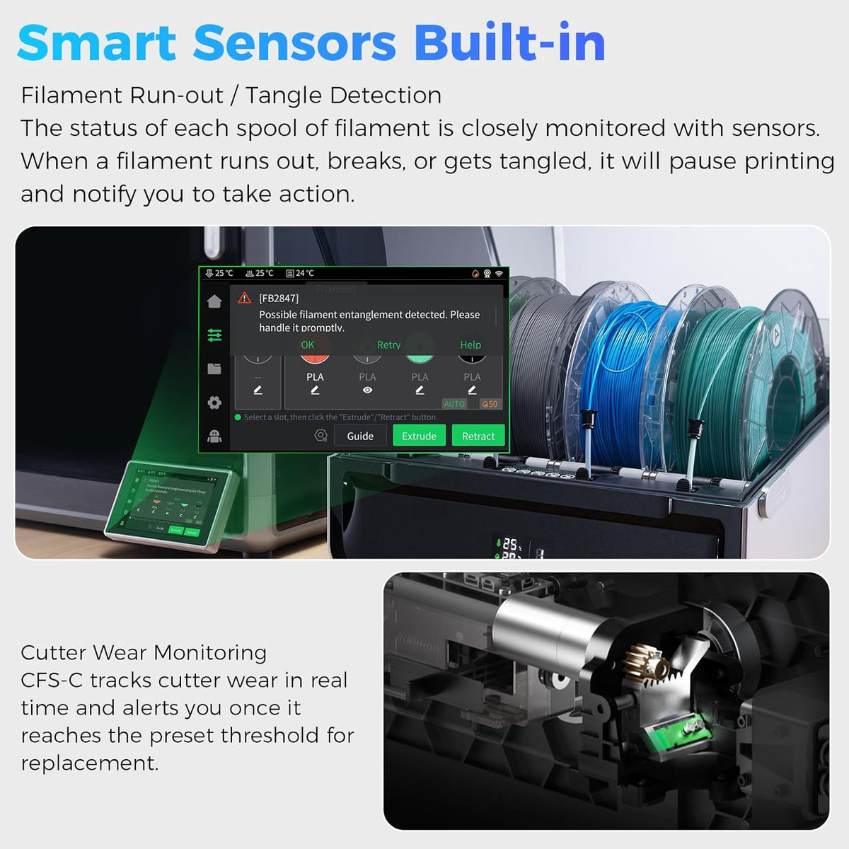 3D printing filament management system with smart sensors and monitoring display.