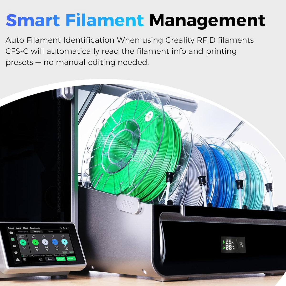 3D printer with filament spools and smart filament management system on a white background