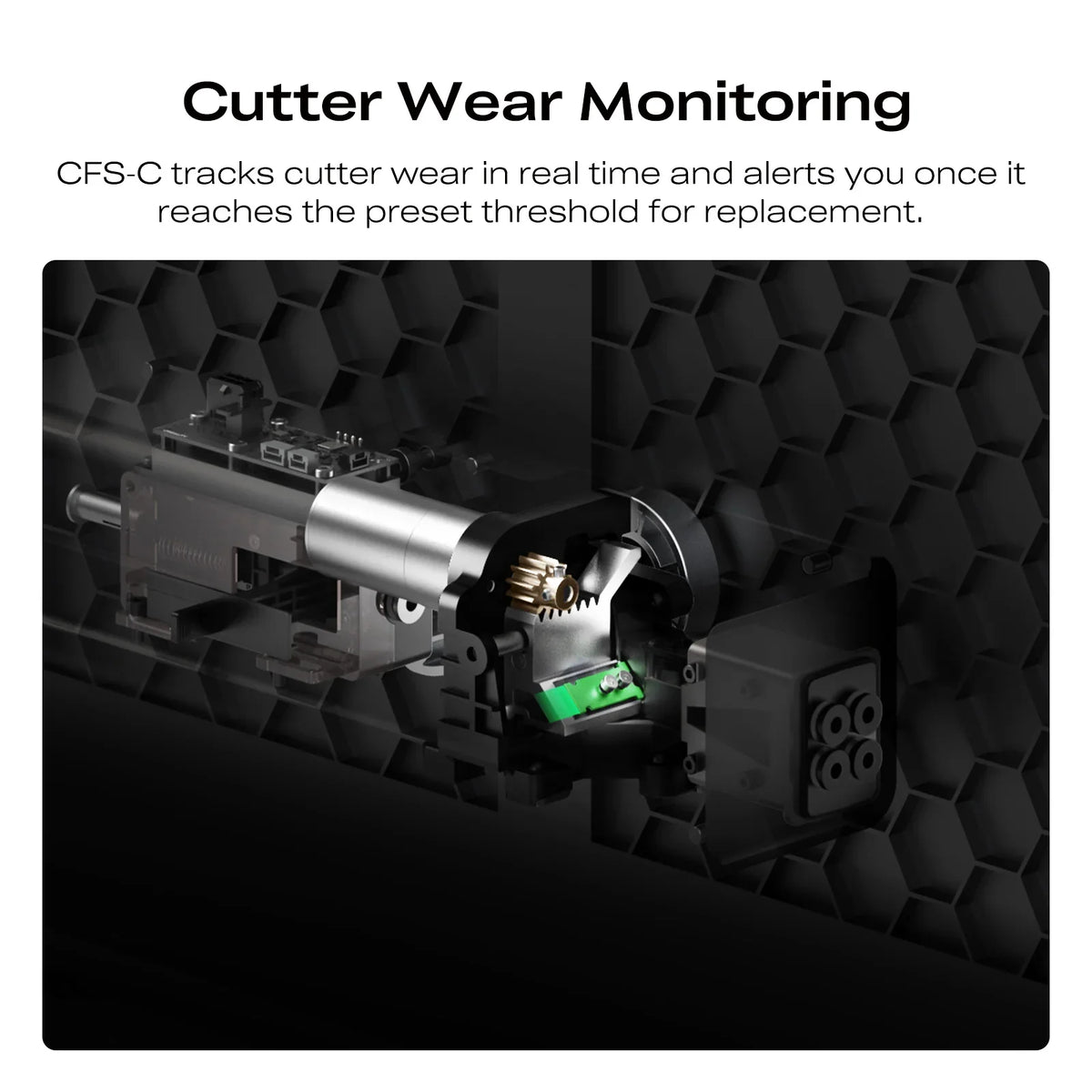 Cutter wear monitoring system with text explaining real-time tracking and alerts.