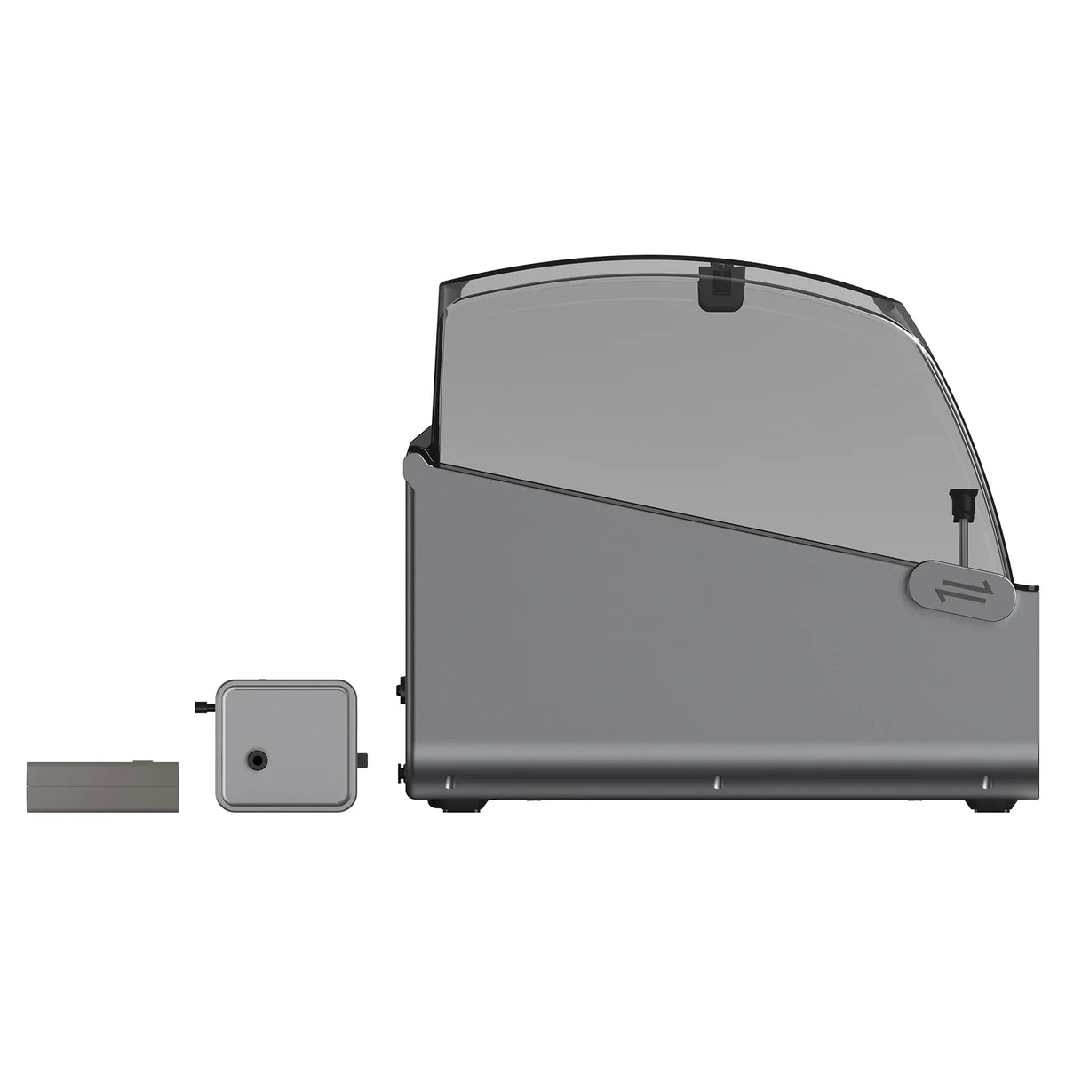 Gray protective cover with a small attached device on a white background