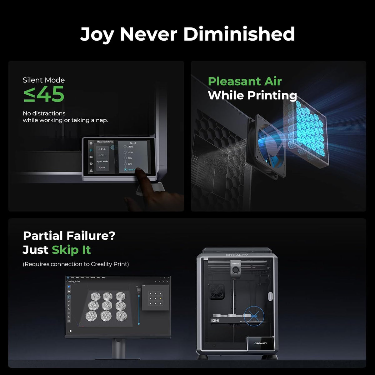 Advertisement for a 3D printing device with text about silent mode, pleasant air, and user interface.