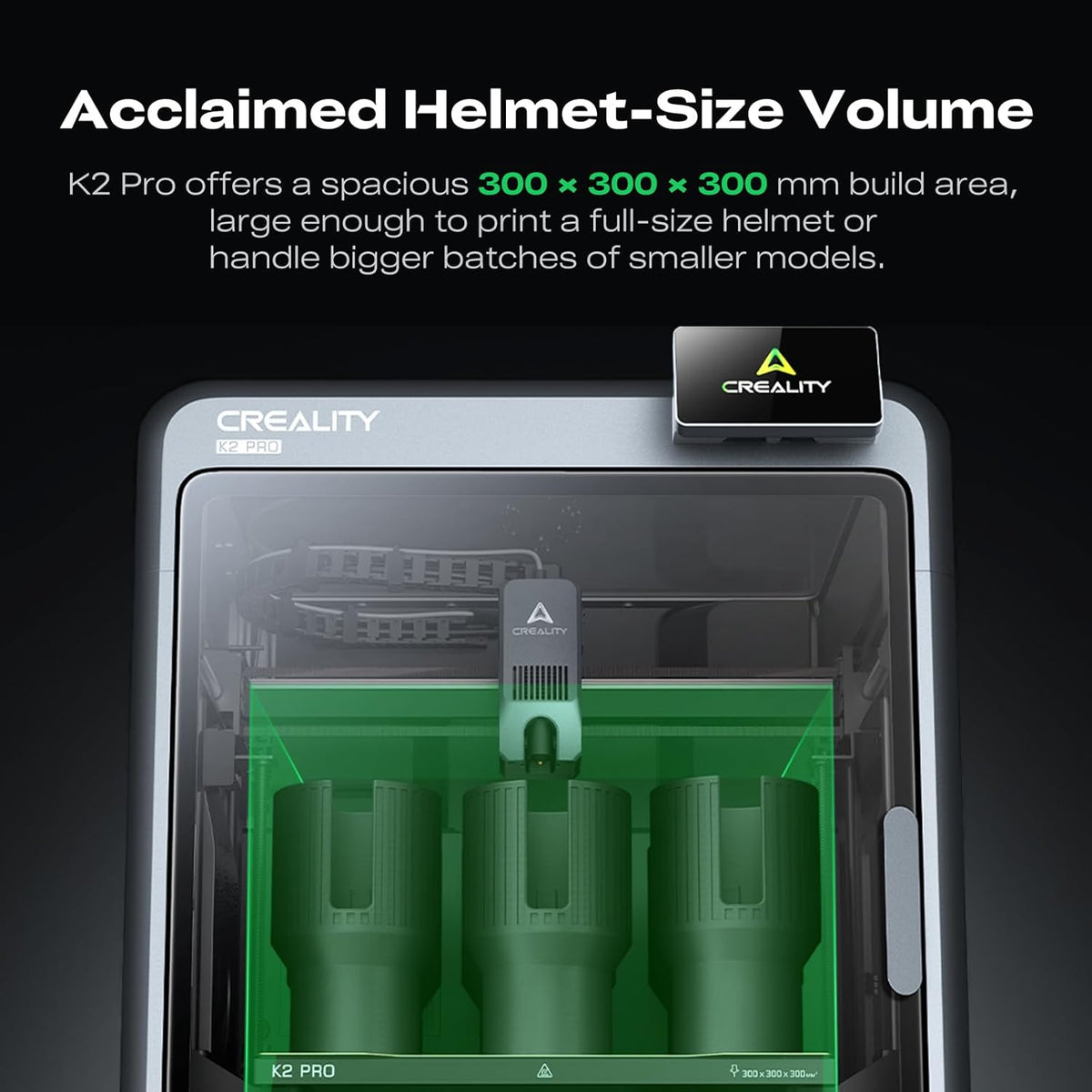 Creality K2 Pro 3D printer with text highlighting its spacious build area.