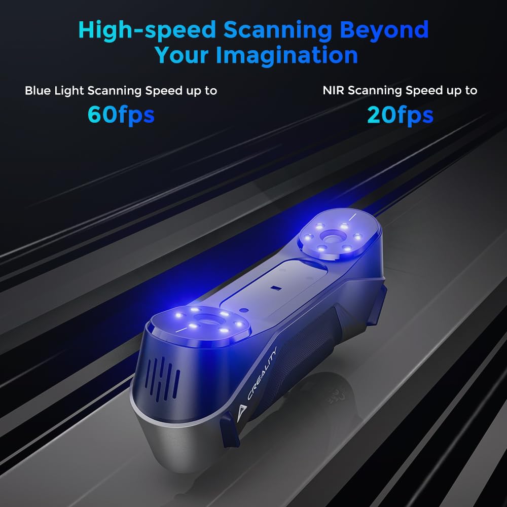 Scanning device with blue lights on a dark background, highlighting high-speed scanning capabilities.