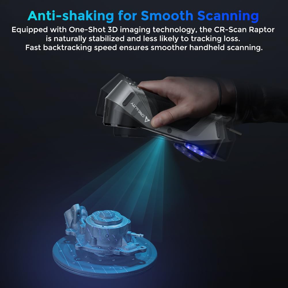 Hand holding a device with text about anti-shaking technology for smooth scanning on a dark background.