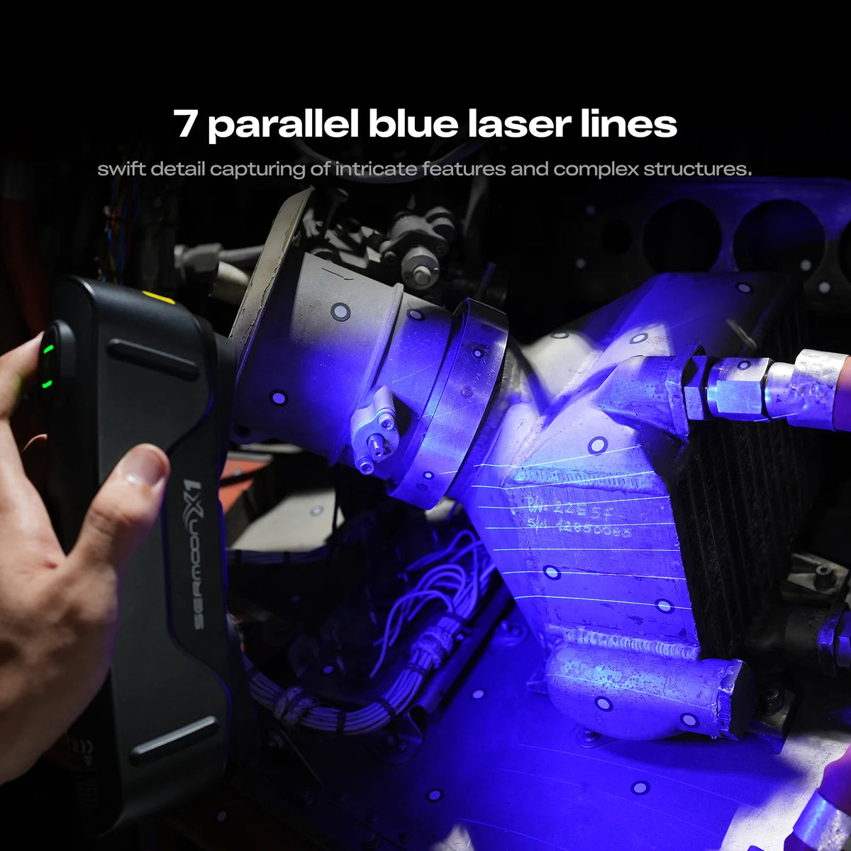 Creality SERMOON X1 laser-scanning illustration showing blue lines on a mechanical component.