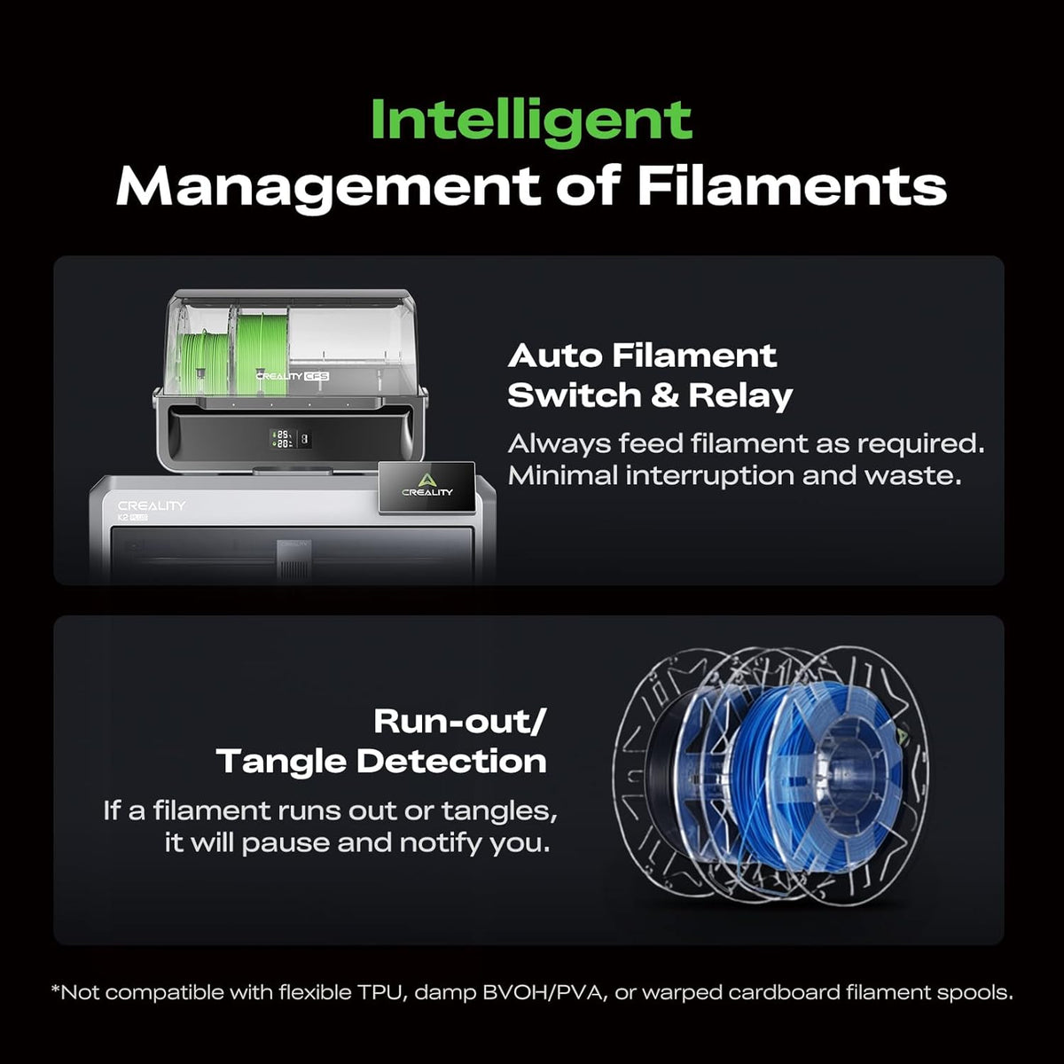 Advertisement for an auto filament switch and relay system with text on a black background.