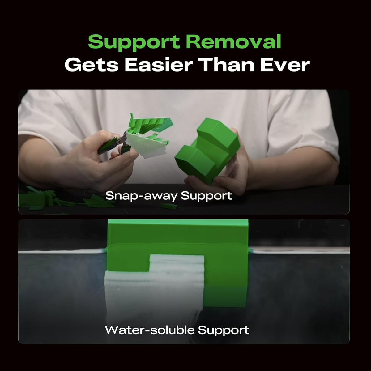 Person holding green 3D printing supports with text about support removal and materials.