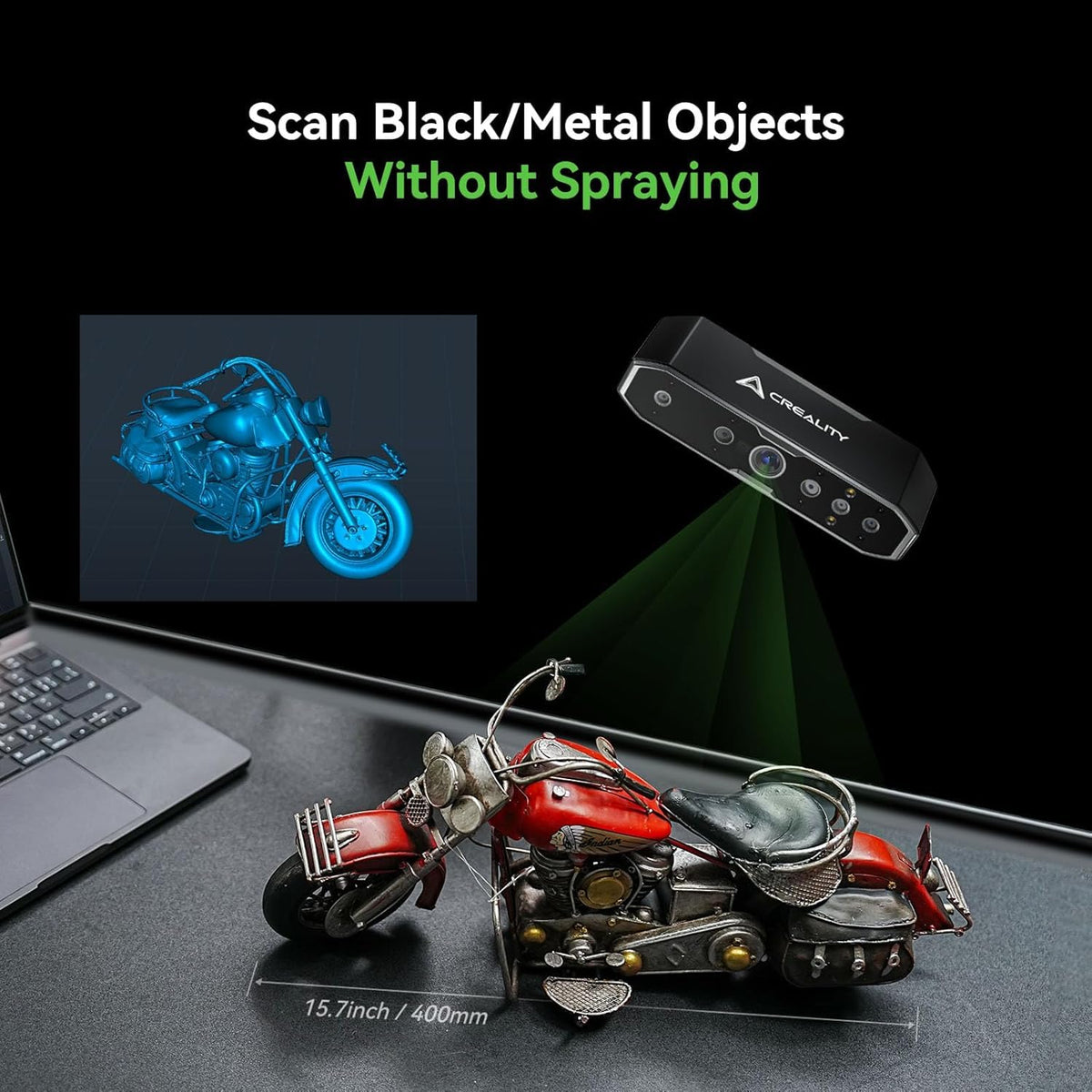 Creality CR-Scan OTTER scanning a motorcycle model on a desk beside a laptop.
