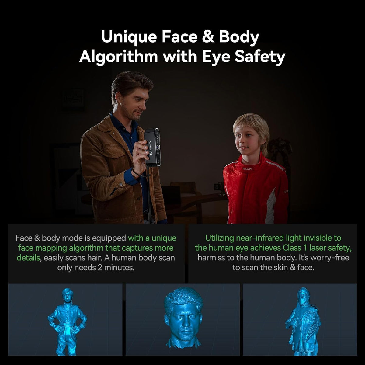 Creality CR-Scan OTTER face-and-body scanning illustration showing an adult with a child.