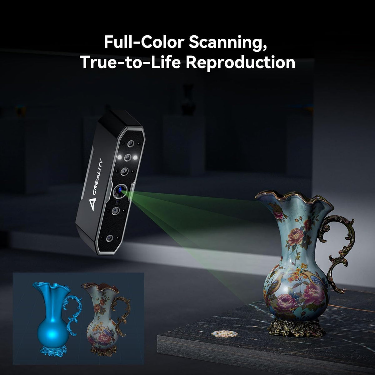 Creality CR-Scan OTTER colour-scanning illustration showing a vase and captured surface texture.