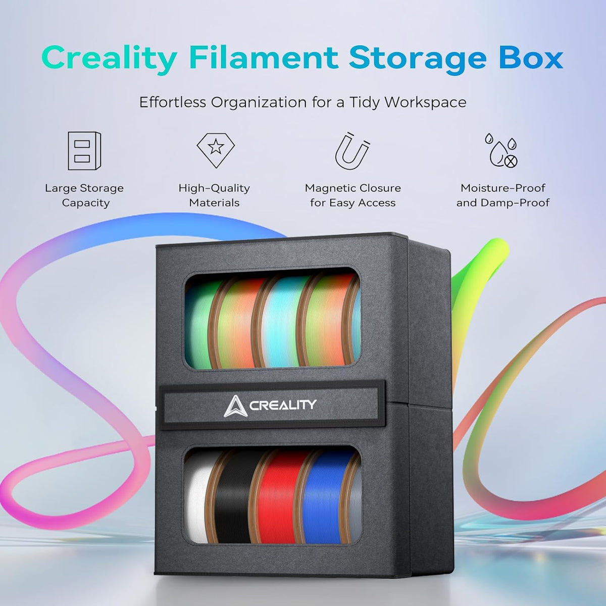 Creality filament storage box with colourful spools on a light blue background.