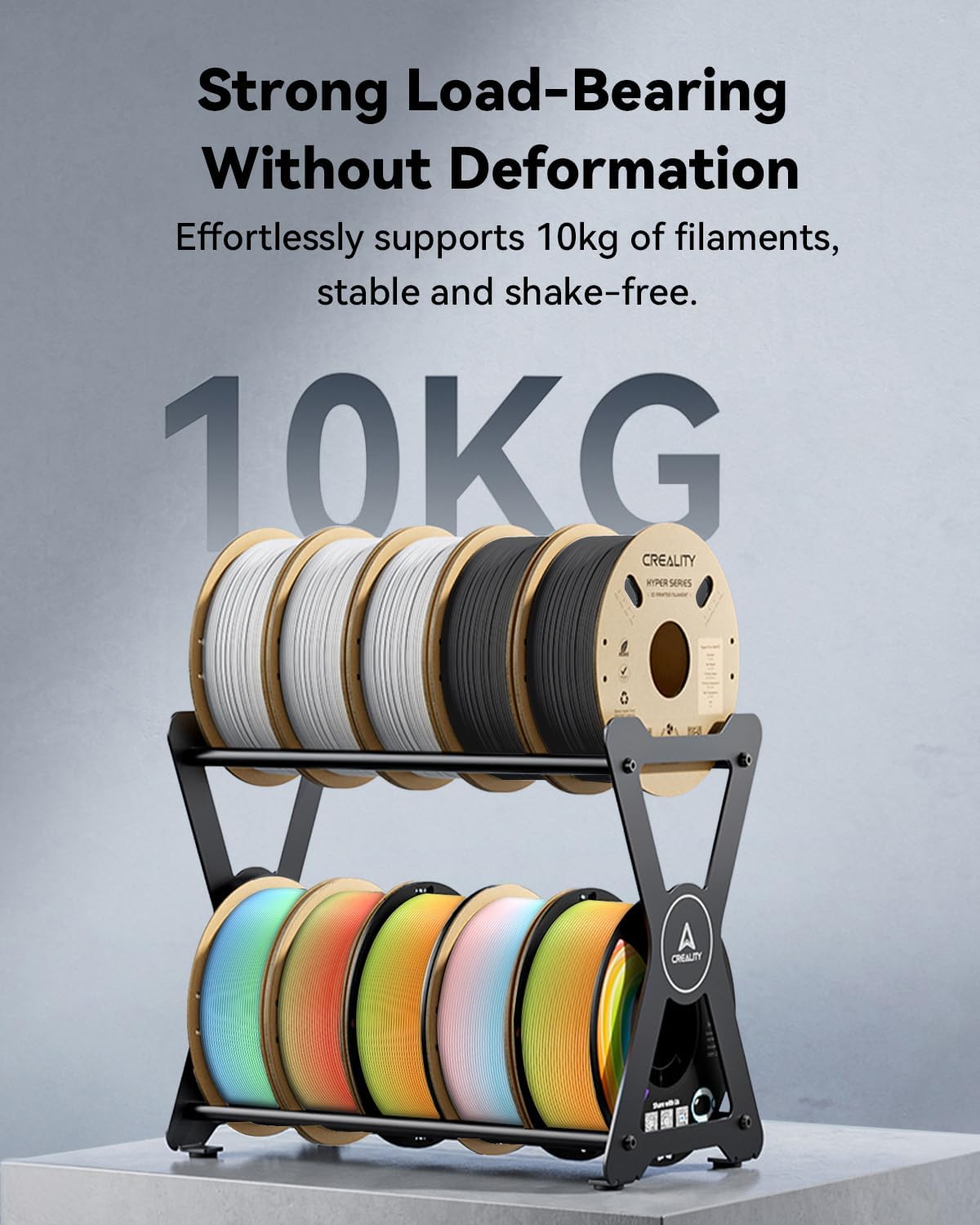 Creality filament storage rack with spools and load-capacity information.