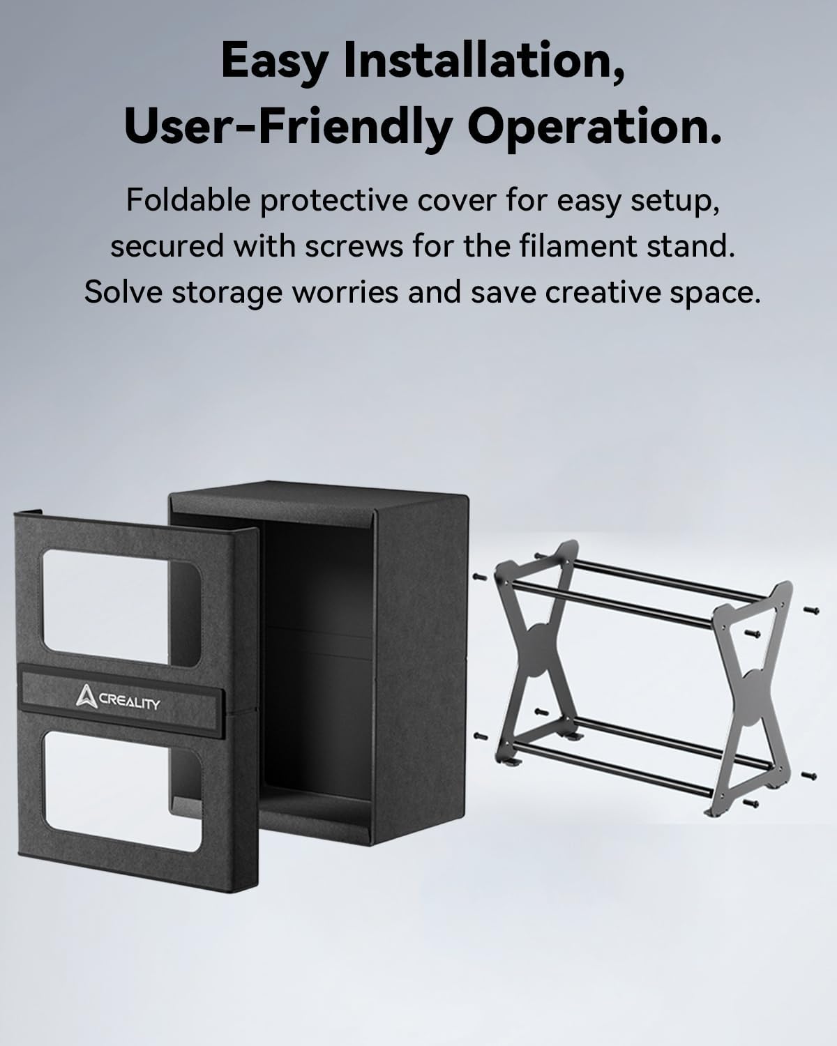 Creality filament stand with its foldable protective cover and screws.