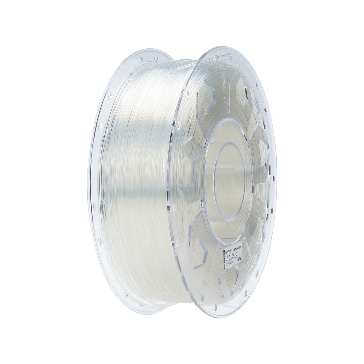 Clear Creality HP-TPU filament on a transparent spool, shown at a three-quarter angle on a white background.