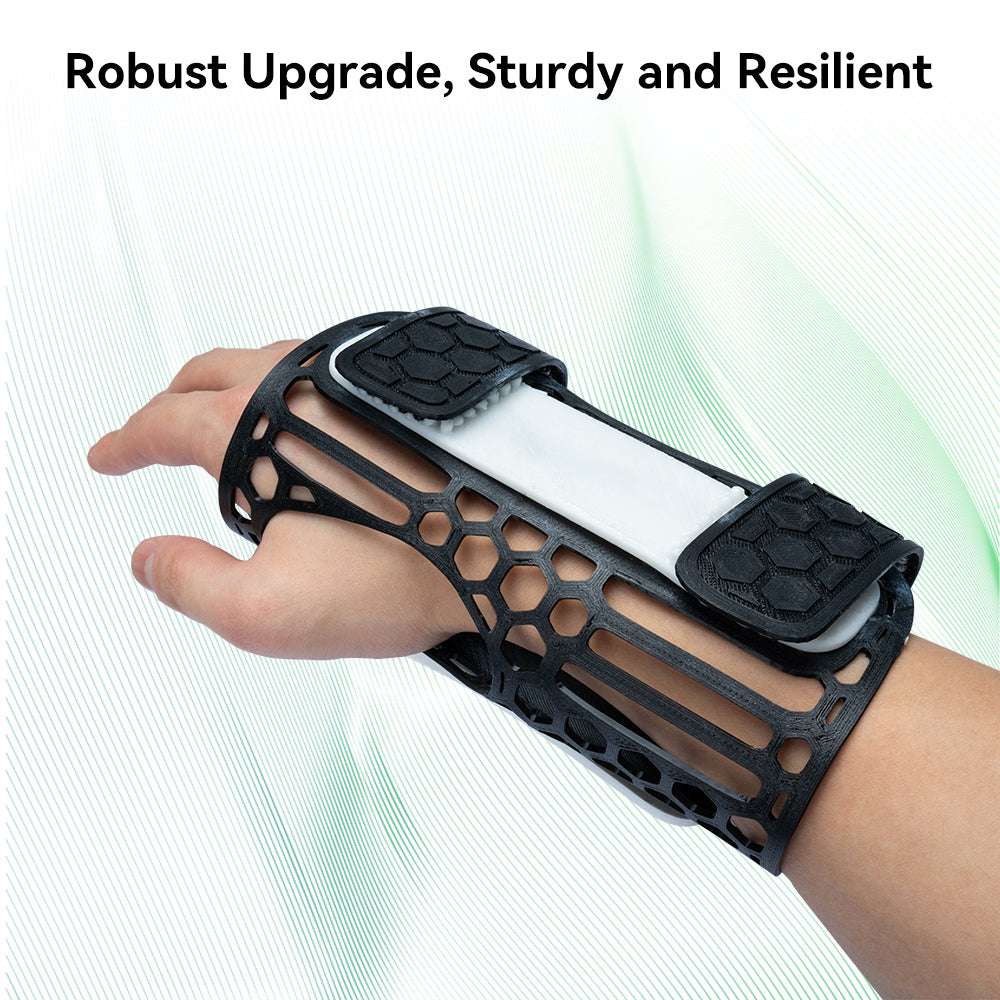A hand wearing a black-and-white brace in a Creality Hyper PETG graphic on a light green background.