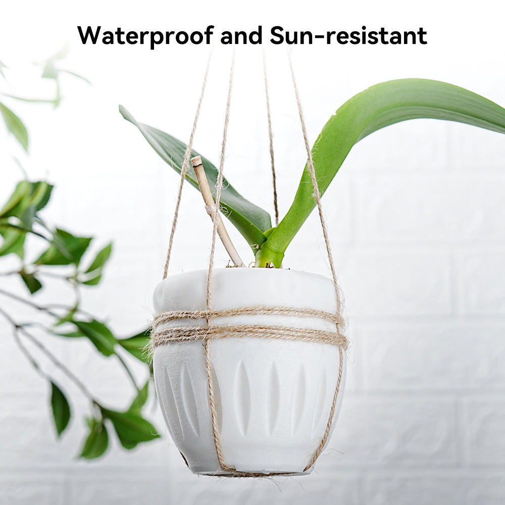 White hanging planter with a green plant in a Creality Hyper PETG gallery graphic.
