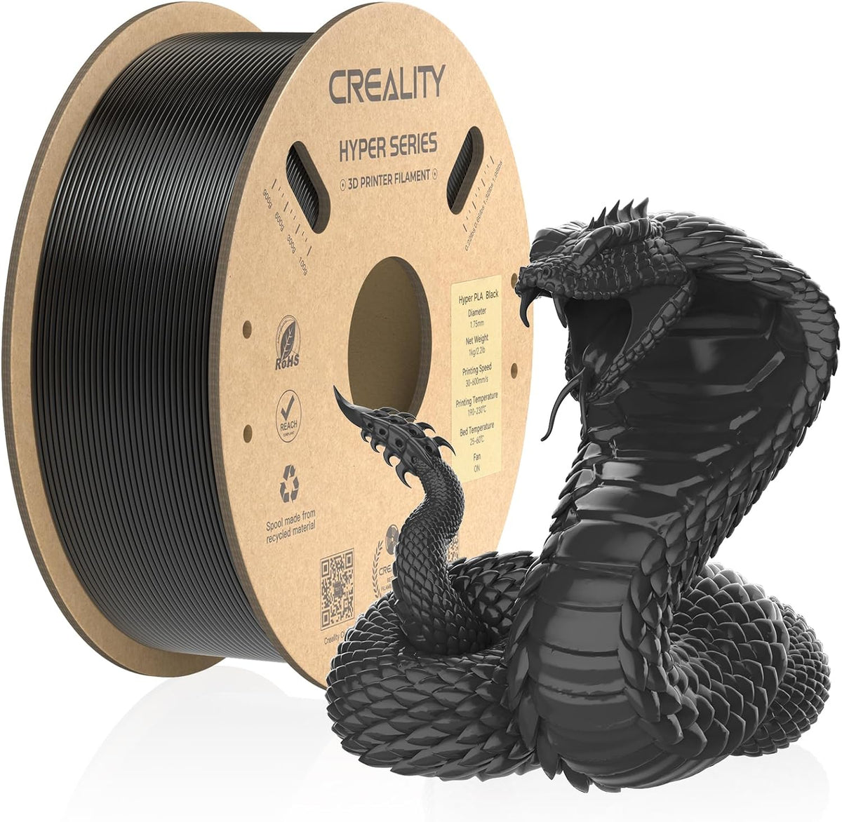 Creality Hyper PLA filament spool with a printed dragon model on a white background.