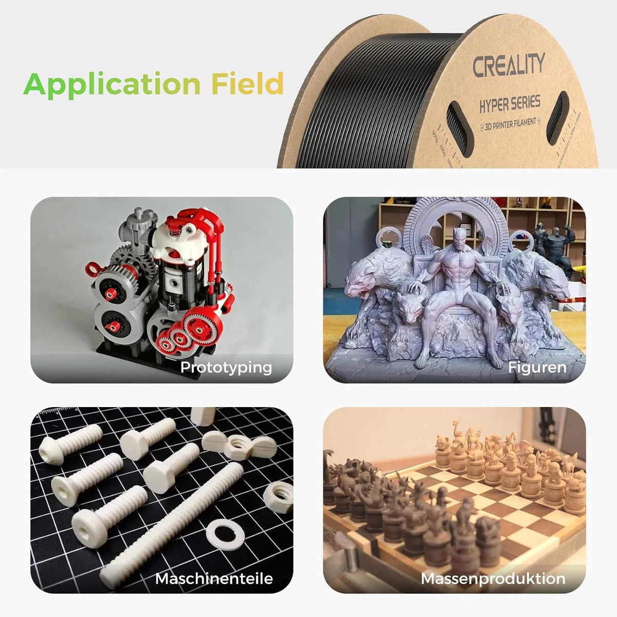 Creality Hyper PLA application collage with a black spool, mechanical model, grey figurine, machine parts and chessboard.