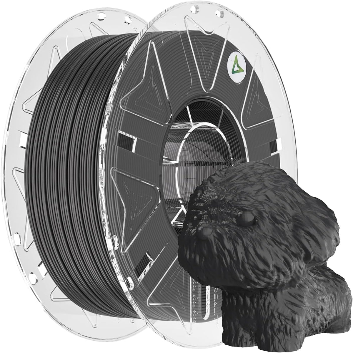 Black Creality Hyper PLA RFID filament spool with a small dog figurine on a white background.
