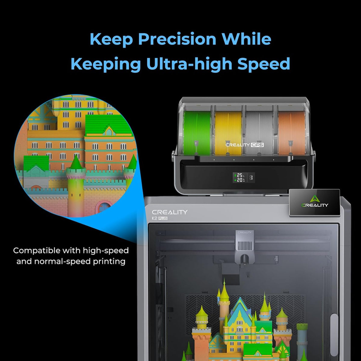 Creality Hyper PLA RFID gallery image showing a printer and a colourful castle model on a black background.