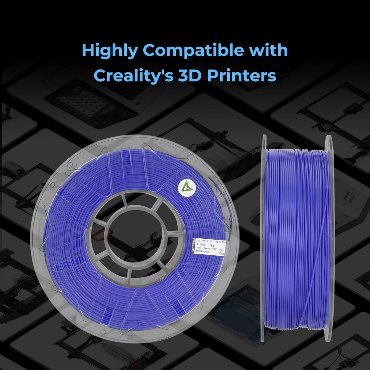 Blue Creality Hyper PLA RFID filament spool with a Creality printer in the background.