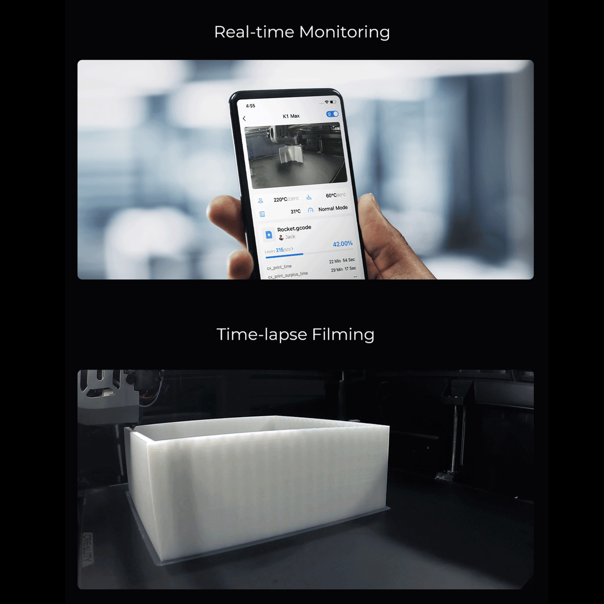 Creality K1 Max 3D printer smart camera features: The top section shows real-time remote monitoring on a smartphone app displaying a live print feed alongside bed and nozzle temperatures, while the bottom section demonstrates the built-in camera's time-lapse filming capability capturing a large white rectangular model printing inside the enclosed chamber