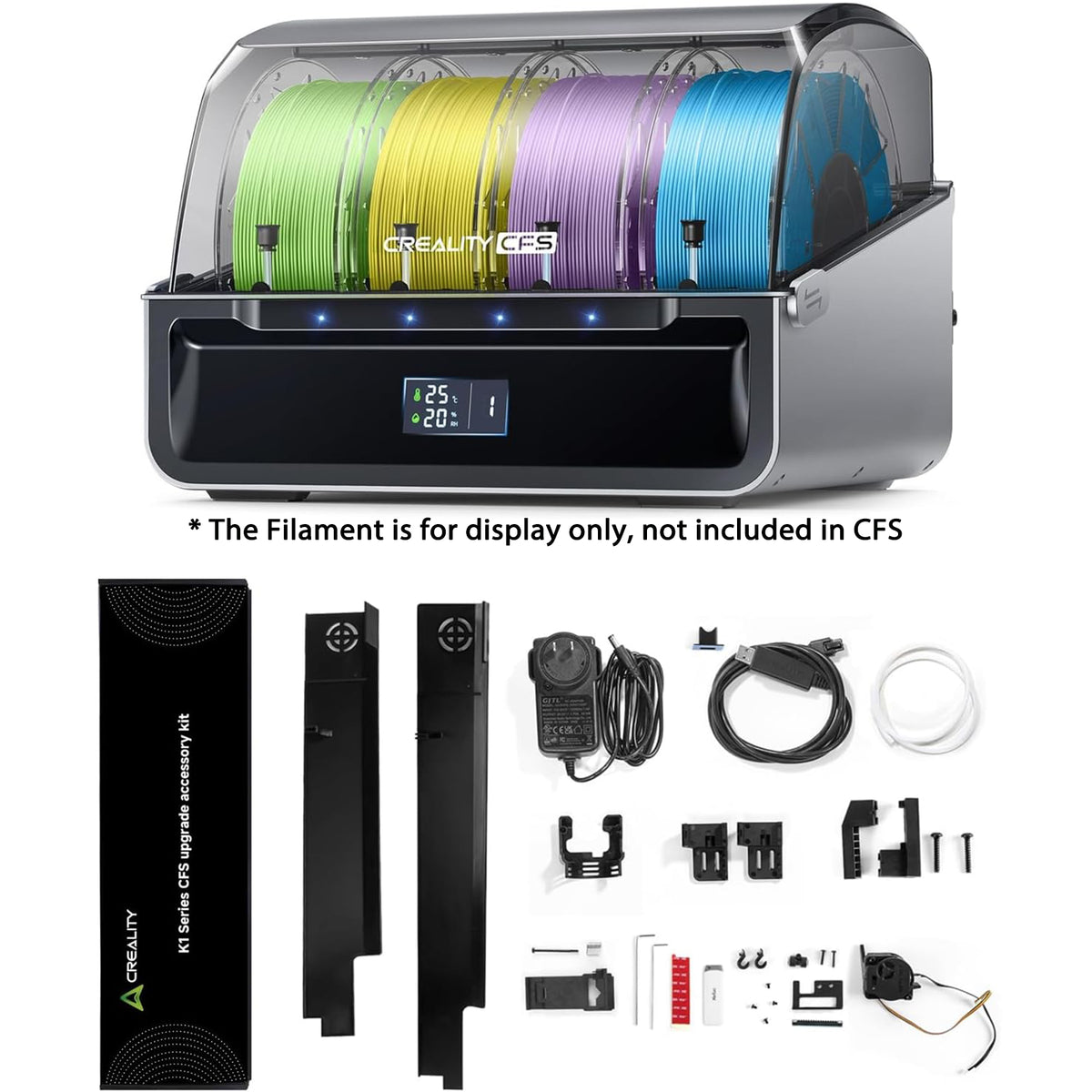Creality CFS filament unit with colourful spools and accessories on a white background.