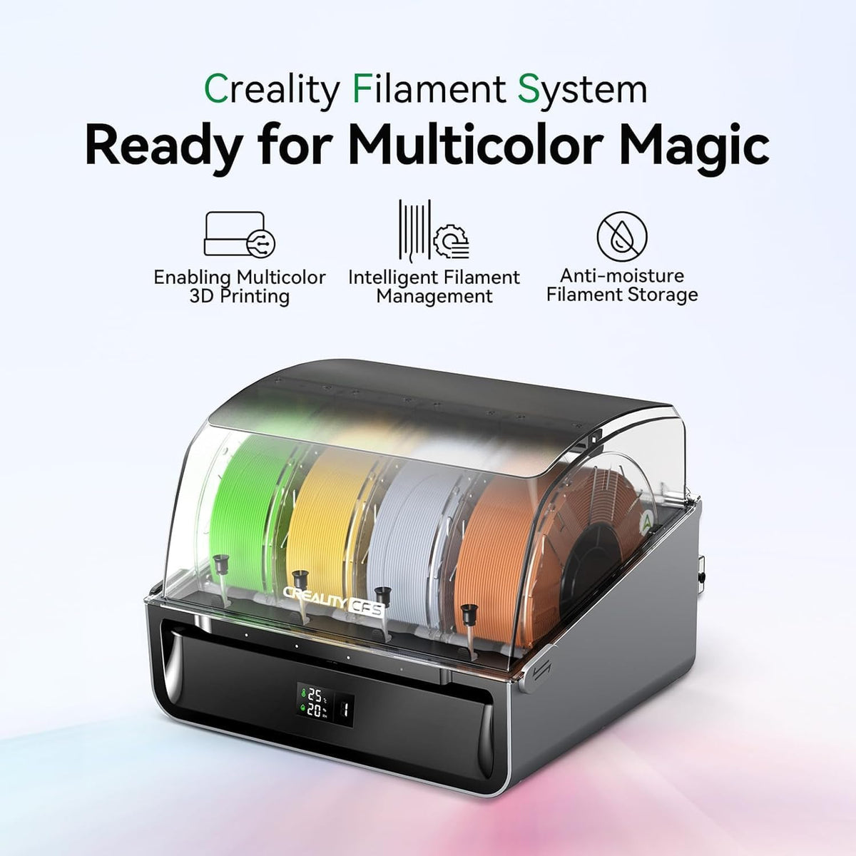 Creality CFS filament unit with colourful spools on a white background.
