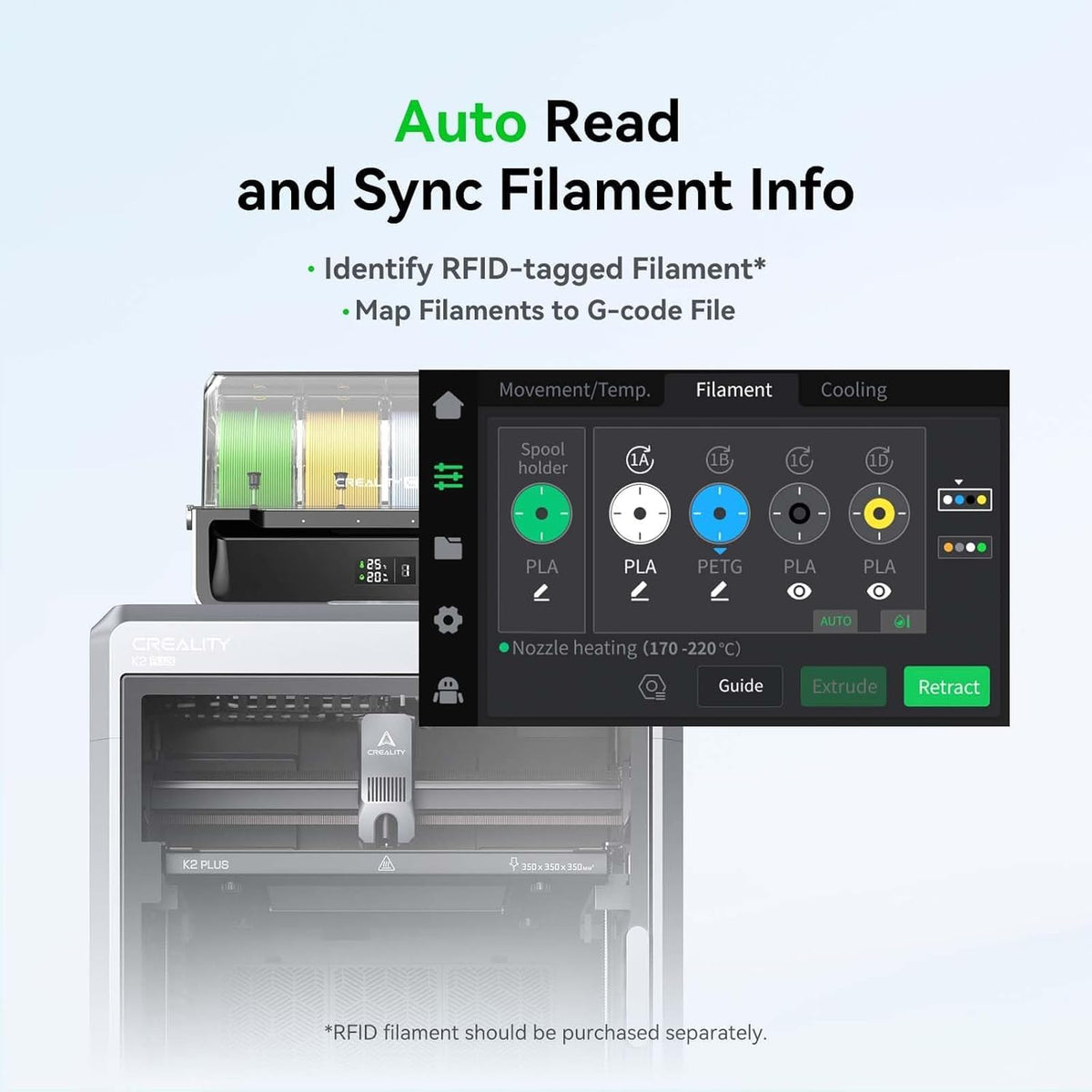 Creality K1 Series CFS upgrade illustration showing a printer and filament-management interface.