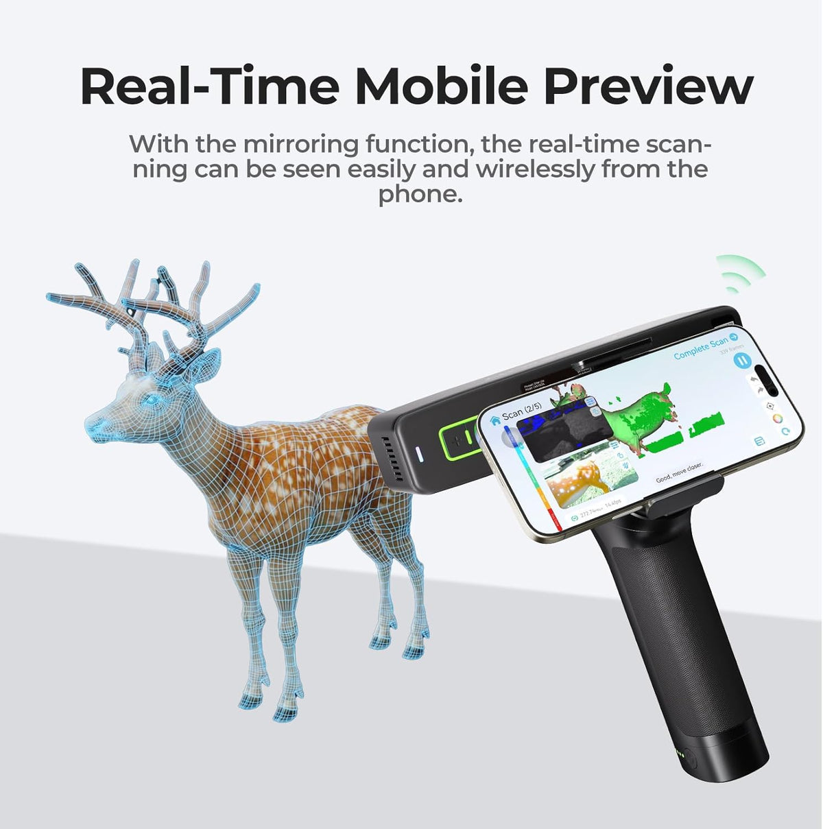 Real-time mobile preview of a deer with a scanning device and smartphone on a white background
