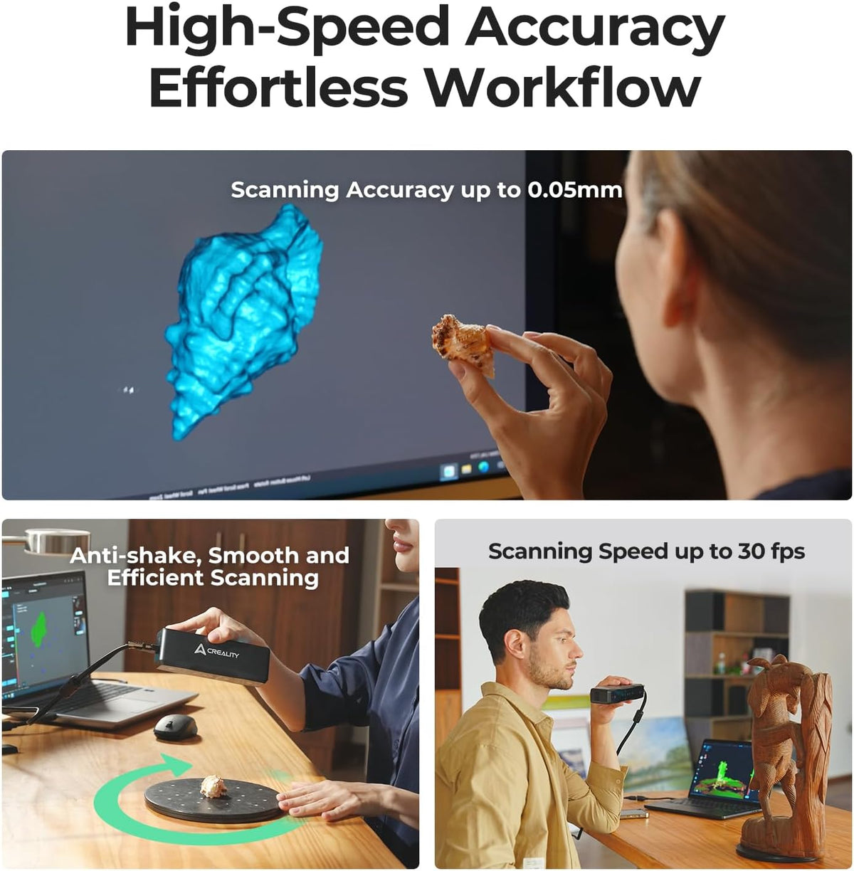 Scanning device being used with a computer screen displaying a 3D model, and people using the device in different settings.