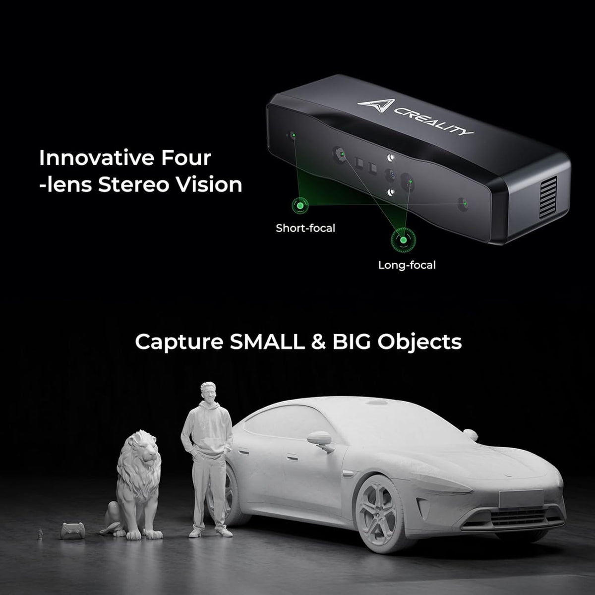 Creality 3D scanner with text highlighting its features on a black background