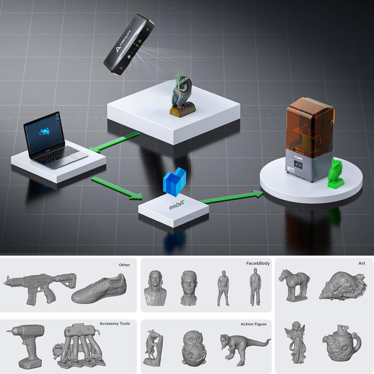 3D printing process with laptop, printer, and models on a grid background