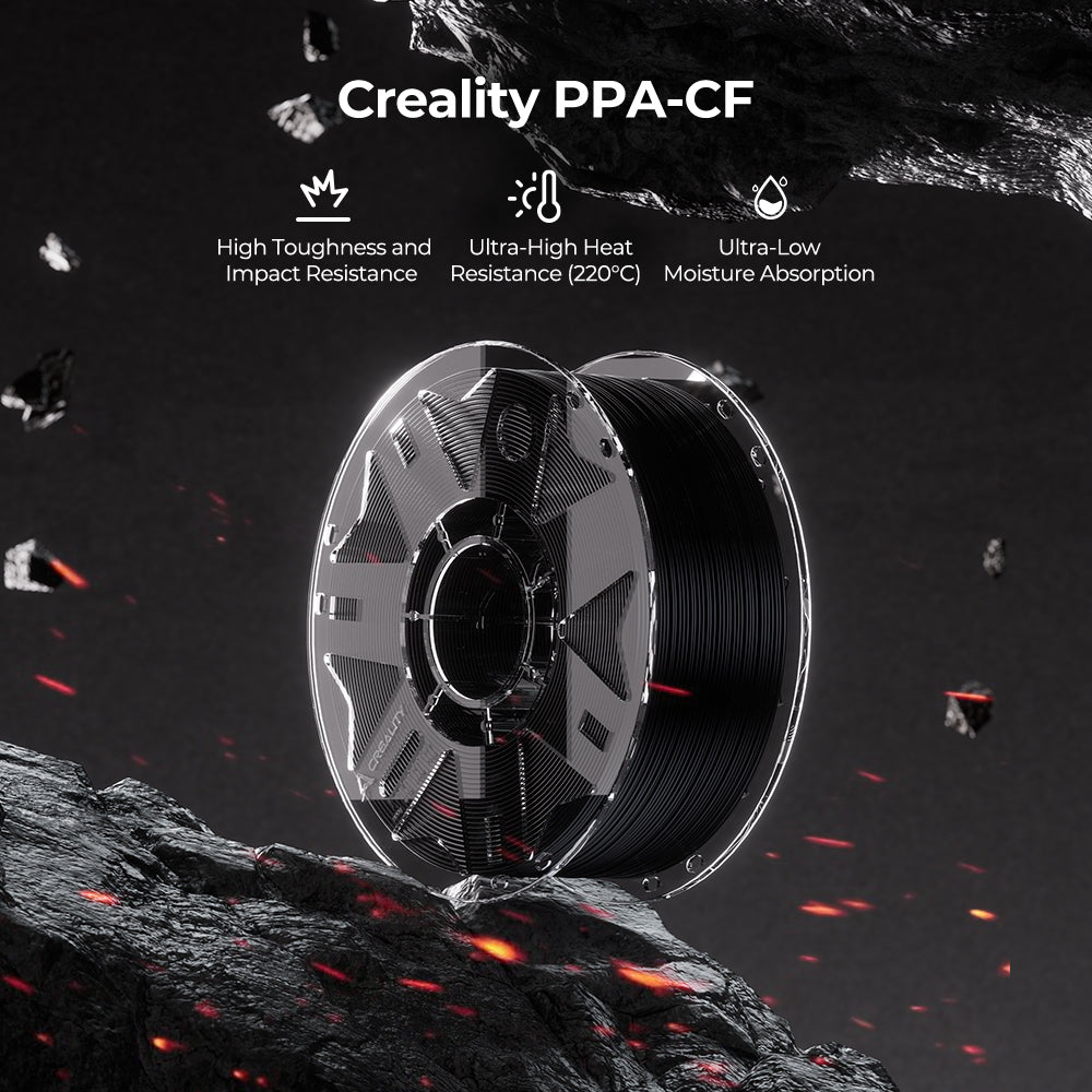 Creality PPA-CF filament spool on a rocky surface, with feature information.