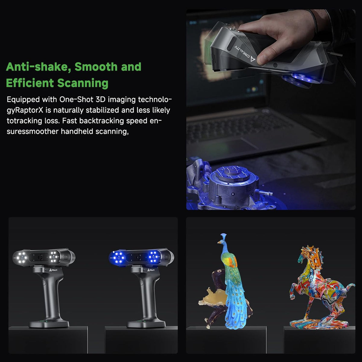 Creality CR-Scan RAPTORX feature collage showing handheld scanning and examples of scanned objects.
