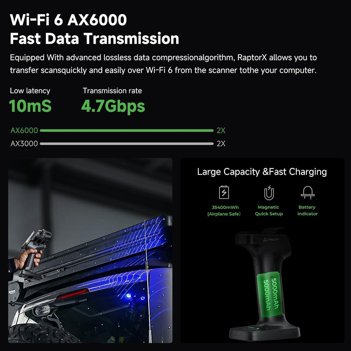 Creality CR-Scan RAPTORX graphic covering wireless data transfer and charging.