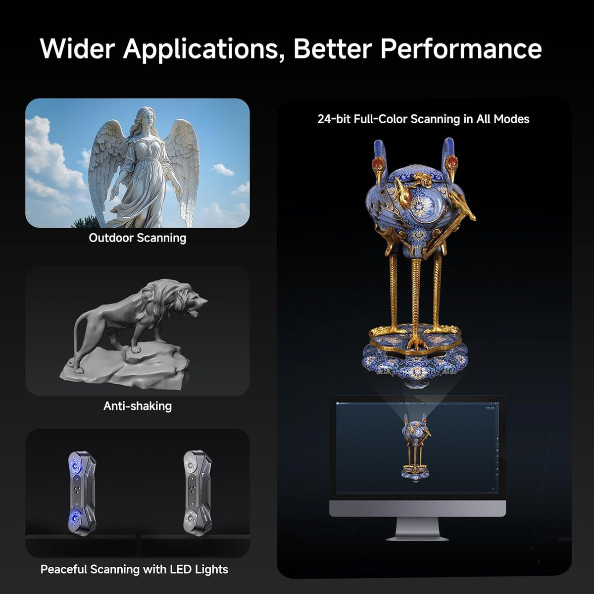 Product features including outdoor scanning, full-color scanning, anti-shaking, and LED lights on a dark background.