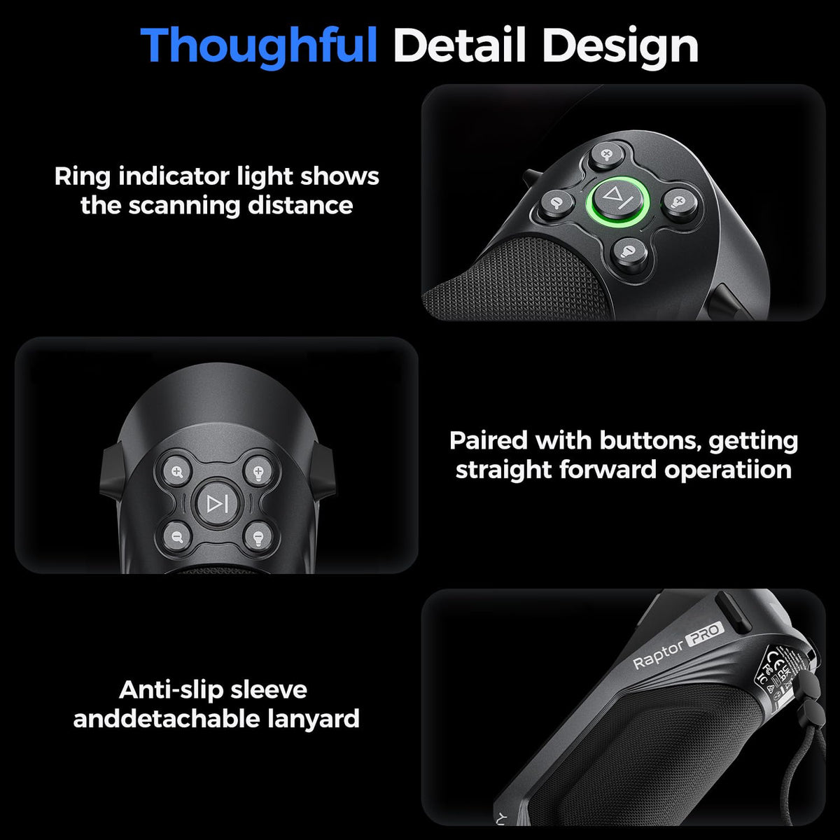 Product details with text on features like ring indicator light, button pairing, anti-slip sleeve, and detachable lanyard.