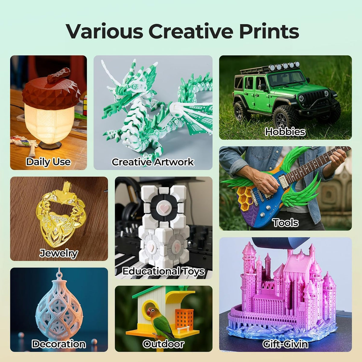 Soleyin Ultra PLA gallery collage of printed items grouped by everyday use, artwork and hobbies.