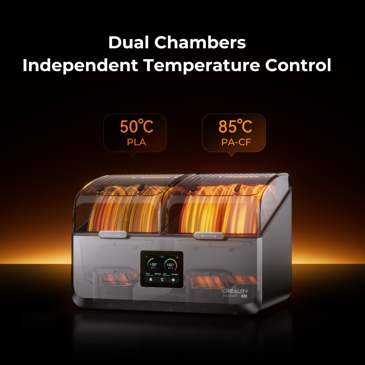 Creaform Dual Chamber Temperature Control System with PLA and PA-CF temperatures displayed.