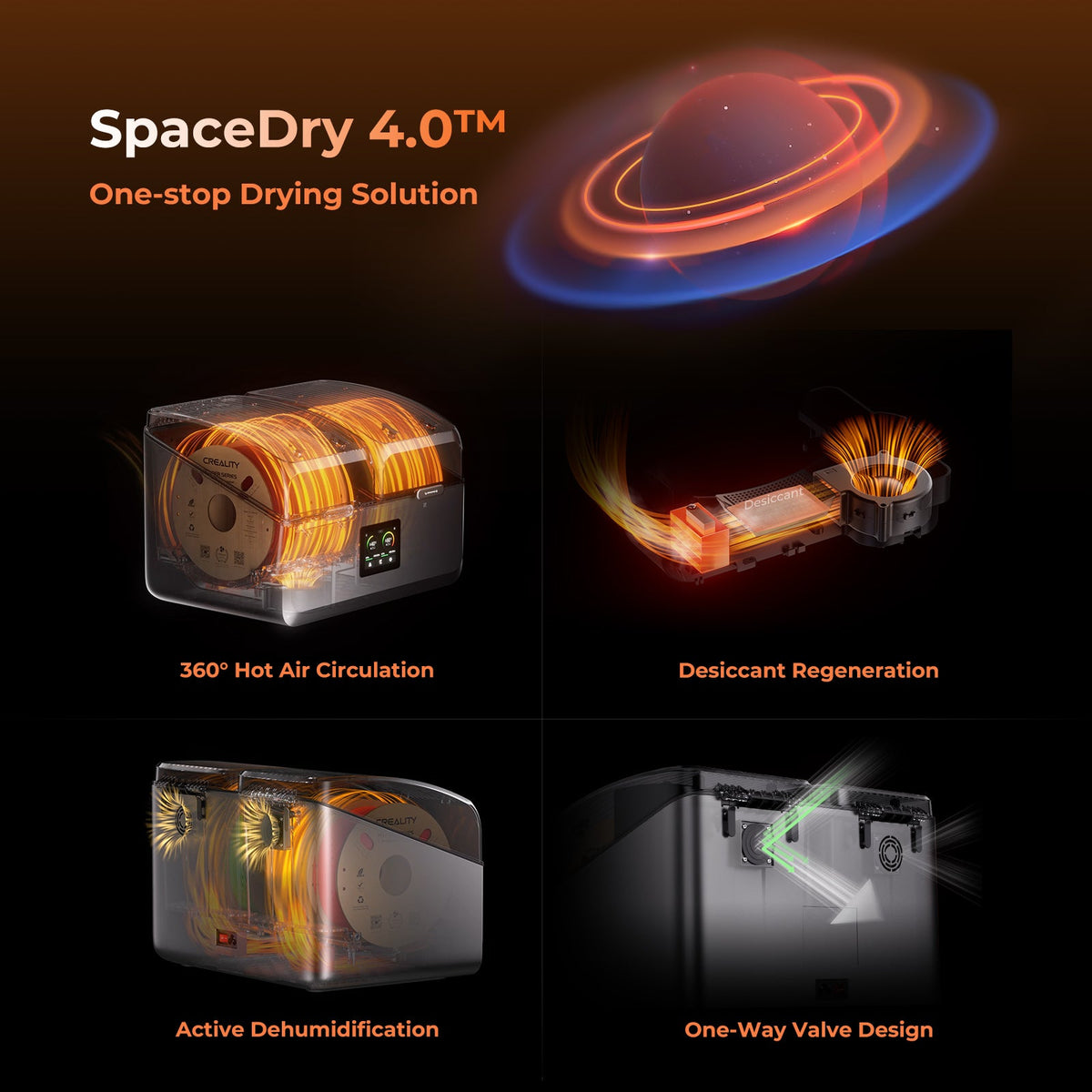 SpaceDry 4.0 drying solution with features highlighted on a dark background