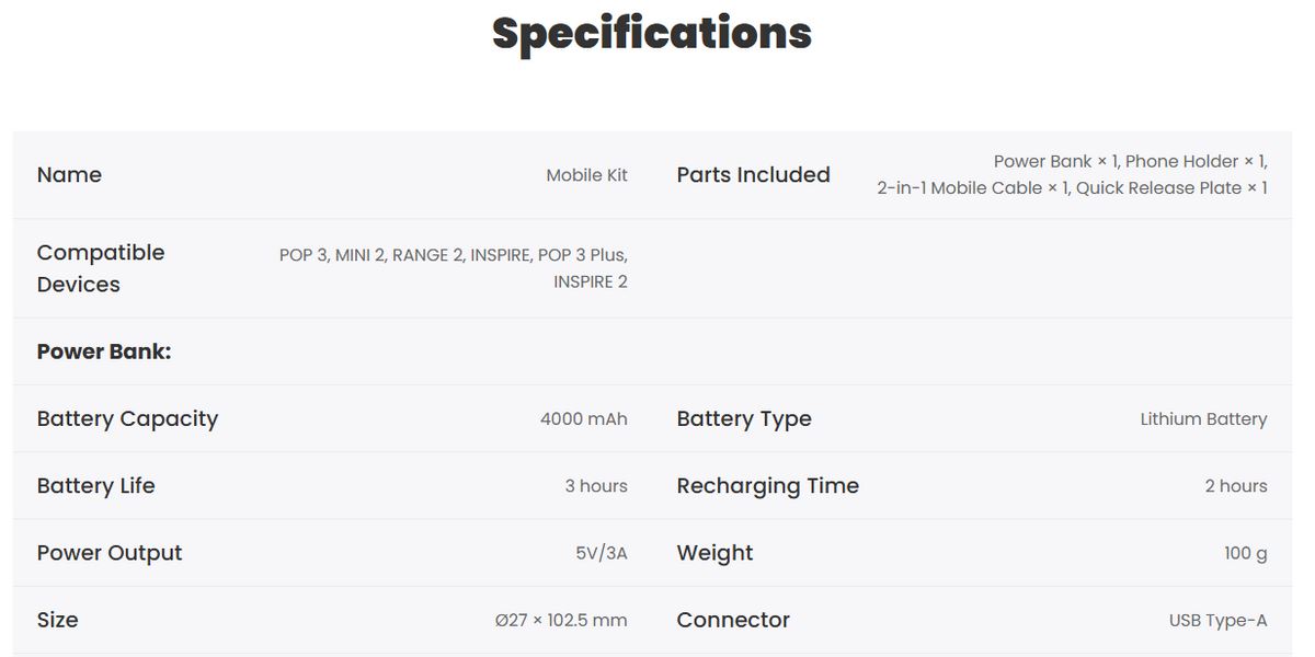 Revopoint Mobile Kit power-bank specifications table and accessory information.