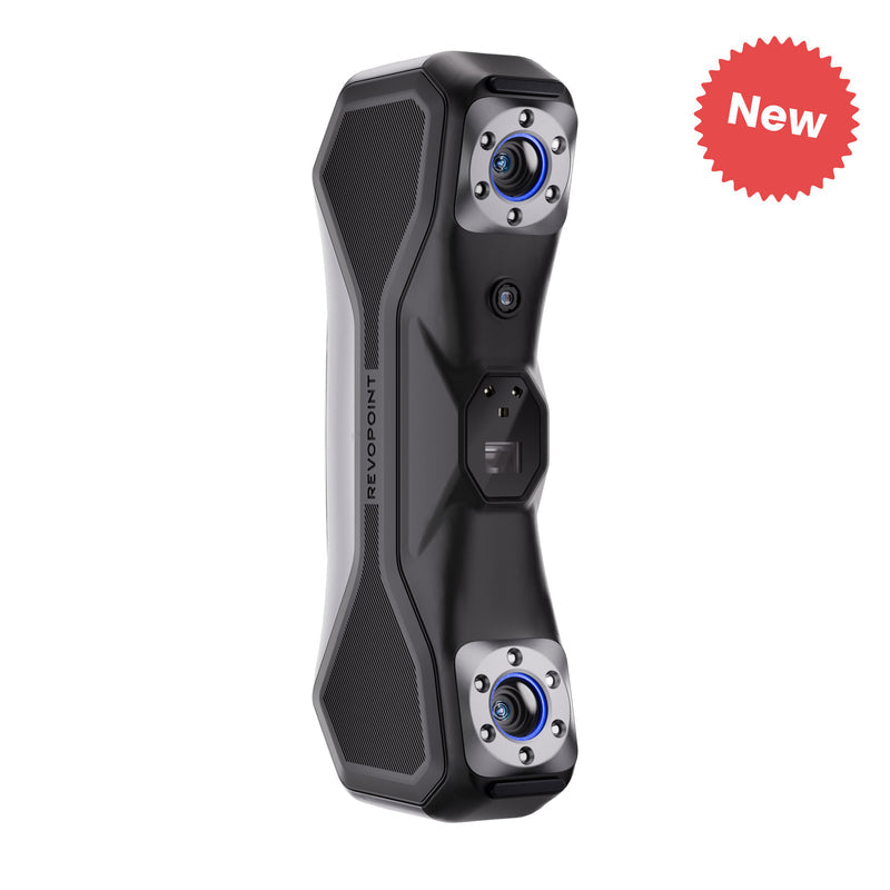 Black Revopoint MetroX-series handheld 3D scanner with blue laser lines.